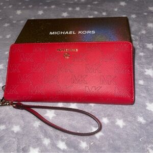 Michael Kors Jet Set Travel Leather Double Zip Wristlet Wallet - Red